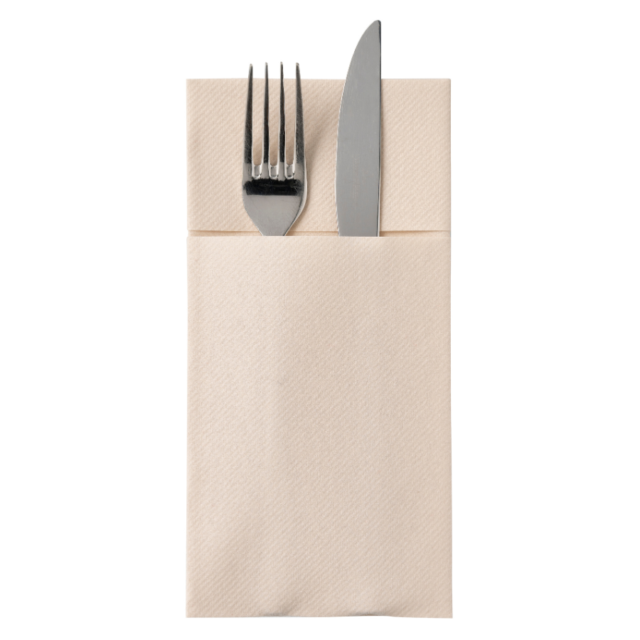 Airlaid Bestekservet 40x40 cm. grijs, bestekzakje en servet in één. Prijzen per doos van 400 stuks. Bij 24 dozen: 10 cent per stuk.